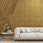 3d rendering nice white sofa with abstract wood wall design background