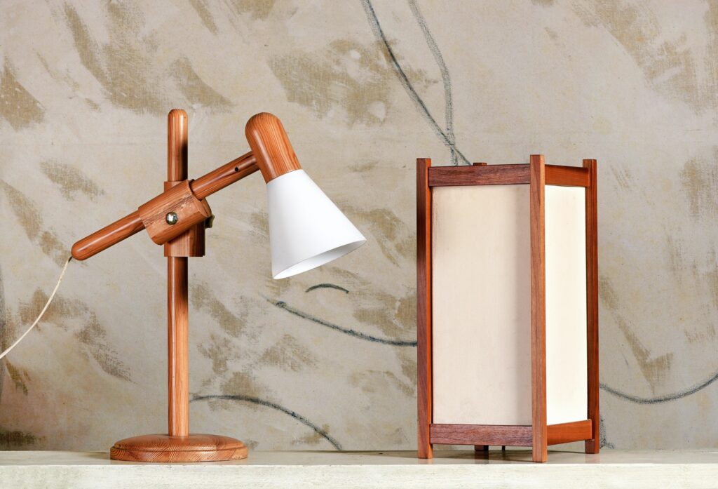 Two modern wooden designer table lamps